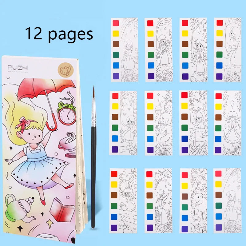 12 pages Children's Watercolor Coloring Book,Drawing Toys For Children