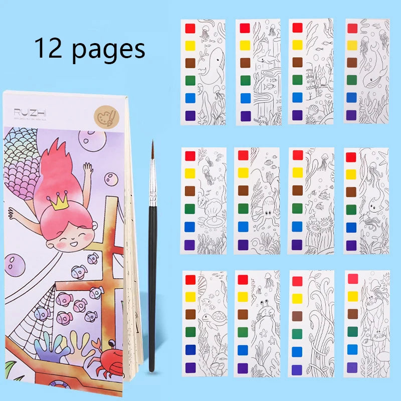 12 pages Children's Watercolor Coloring Book,Drawing Toys For Children